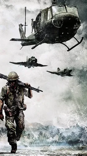 Война Обои на телефон человек в военной форме с оружием и парой вертолетов, летящих в небе