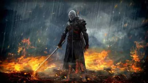 Геральт Обои на телефон человек в халате, держащий меч и стоящий перед огнем