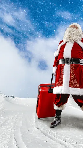 Дед Мороз Обои на телефон человек в красном пальто с красным чемоданом