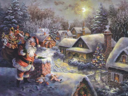 Дед Мороз Обои на телефон заснеженный двор с домом и деревьями