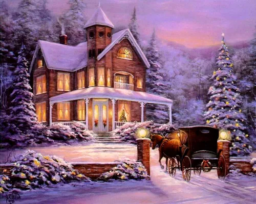 Дед Мороз Обои на телефон дом с каретой, запряженной лошадьми