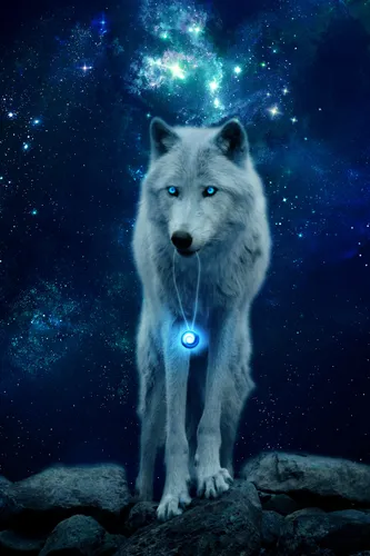 Картинки Волк Обои на телефон белый волк с синим воротником
