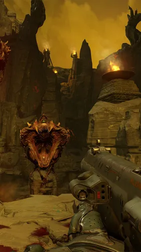 Doom Обои на телефон видеоигра, показывающая сцену битвы