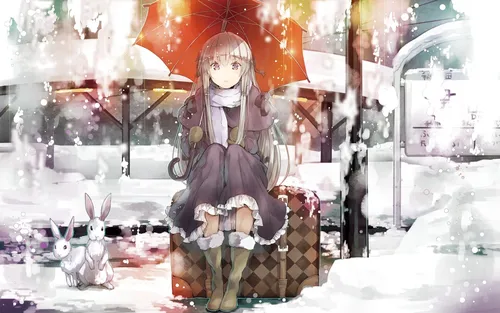 Тиаки Омигава, Аниме Зима Обои на телефон карикатура девушки с зонтиком и кошкой