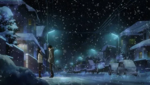 Аниме Зима Обои на телефон пара человек, стоящих в снегу у дома с огнями