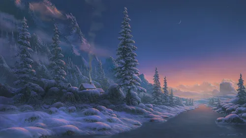 Аниме Зима Обои на телефон снежный пейзаж с деревьями и звездным небом