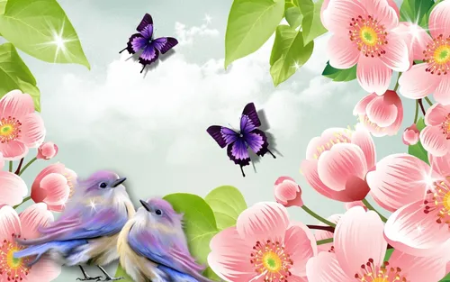 Весна Цветы Обои на телефон группа птиц в саду