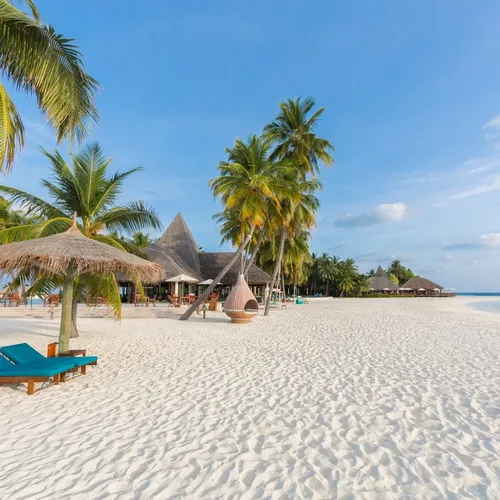 Мальдивы Фото пляж с хижинами и пальмами