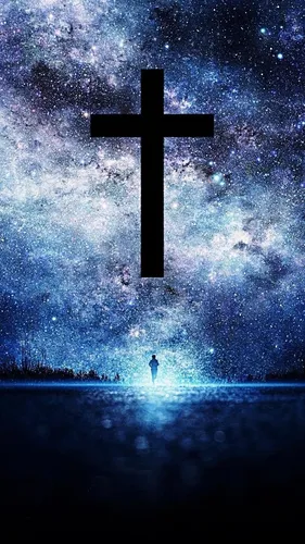Религиозные Обои на телефон человек, стоящий перед крестом перед большим звездным небом
