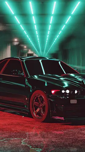 Скайлайн Обои на телефон черный автомобиль, припаркованный на парковке с подсветкой на потолке