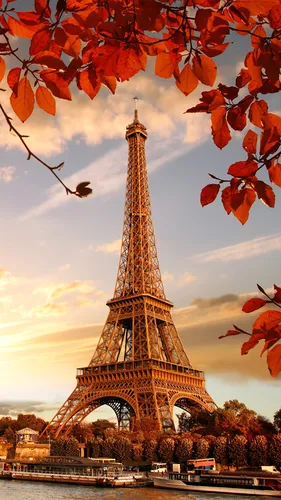 Франция Обои на телефон большая башня с оранжевыми листьями на фоне Эйфелевой башни