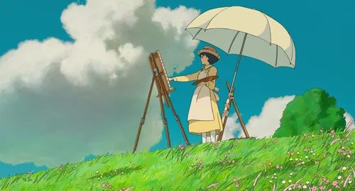 Хаяо Миядзаки Обои на телефон карикатура человека, держащего зонтик в поле цветов