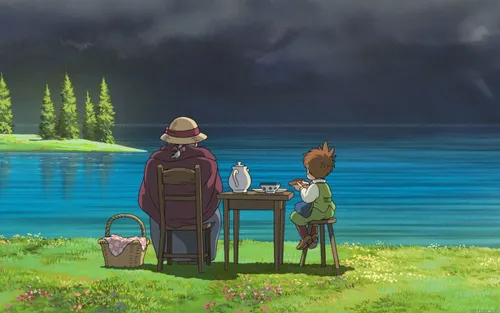 Хаяо Миядзаки Обои на телефон человек и пара чучел, сидящих за столом у озера