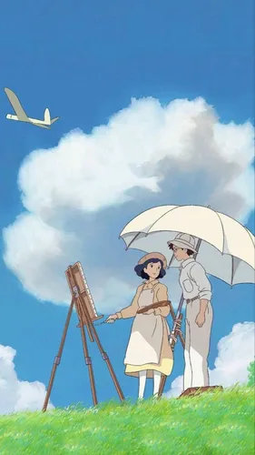 Хаяо Миядзаки Обои на телефон пара человек в одежде с зонтиком и лестницей