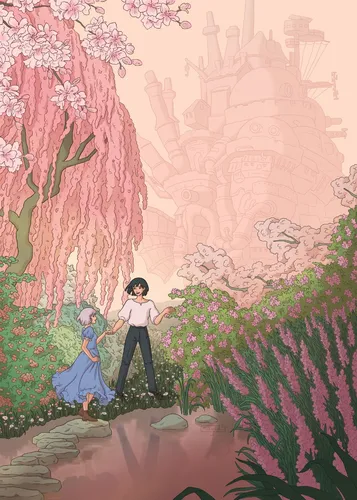 Хаяо Миядзаки Обои на телефон человек и ребенок, стоящие на каменной лестнице с розовыми цветами
