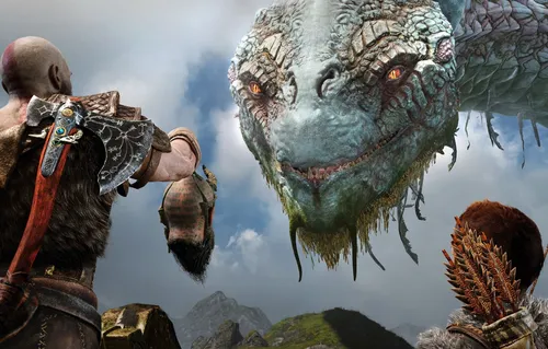 God Of War Обои на телефон видеоигра, показывающая человека в доспехах и дракона в плаще