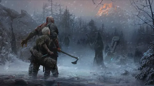 God Of War Обои на телефон видеоигра, показывающая группу людей в доспехах с оружием и огнем