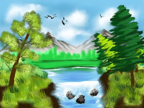 Природа Фото озеро с летящими деревьями и птицами