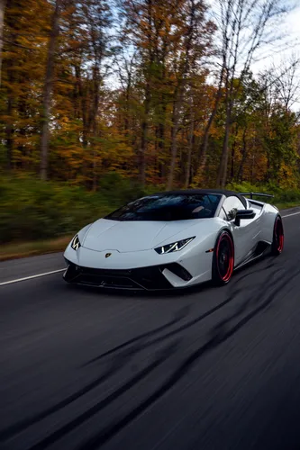 Lamborghini Huracan Обои на телефон белый спортивный автомобиль на дороге с деревьями по обе стороны