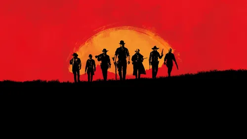 Red Dead Redemption 2 Обои на телефон группа людей, идущих к солнцу