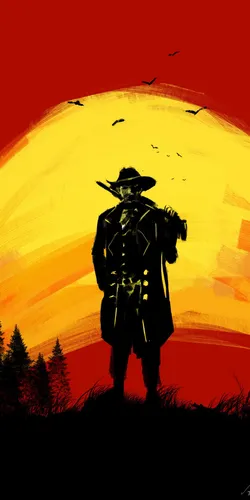 Red Dead Redemption 2 Обои на телефон человек в форме с ружьем и группа птиц, летящих в небе