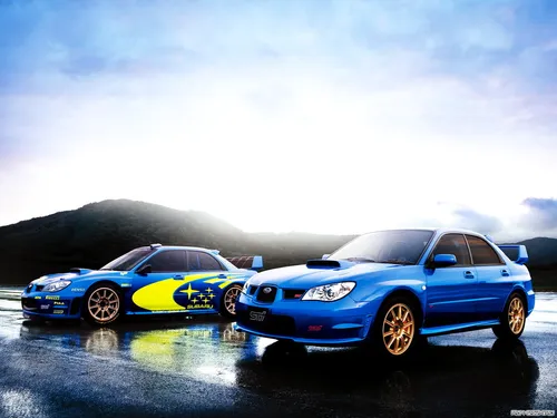 Subaru Impreza Обои на телефон пара синих автомобилей, припаркованных на мокрой дороге