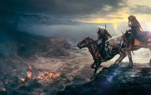 The Witcher 3 Обои на телефон человек верхом на лошади с городом на заднем плане