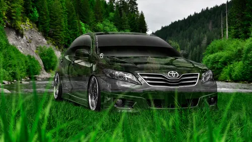 Toyota Camry Обои на телефон черный спортивный автомобиль, припаркованный в травянистой местности с деревьями на заднем плане