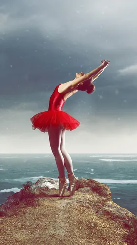 Балет Обои на телефон человек в красном платье на скале у воды
