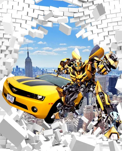 Бамблби Обои на телефон желтый спортивный автомобиль с городским пейзажем на заднем плане