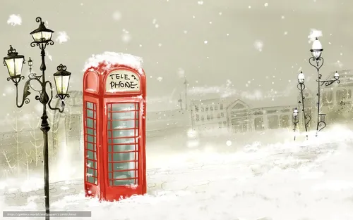 Бесплатные Зима Обои на телефон красная телефонная будка в снегу