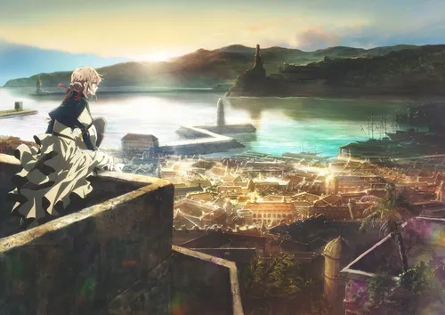 Тиаки Омигава, Вайолет Эвергарден Обои на телефон человек, сидящий на выступе с видом на город и воду