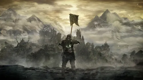 Дарк Соулс Обои на телефон видеоигра, показывающая человека в доспехах с мечом и зданием на заднем плане
