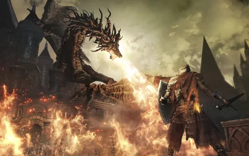 Дарк Соулс Обои на телефон видеоигра, в которой дракон атакует здание огнем и дымом