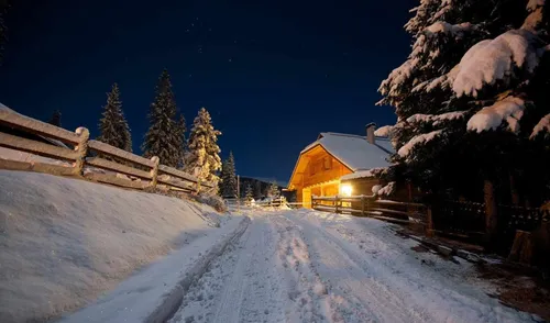 Зима Hd Обои на телефон заснеженная дорога с деревьями и домиком на обочине