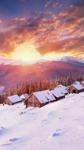 Зима Hd Обои на телефон снежный пейзаж с домами и горами