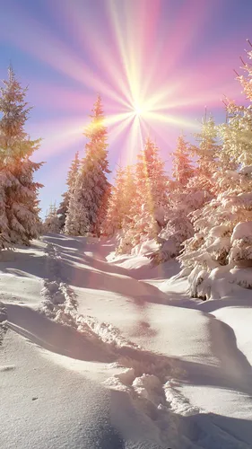 Зимние Зима Обои на телефон снежный пейзаж с деревьями и солнцем в небе