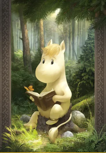 Муми Тролль Обои на телефон статуя единорога с книгой в лесу
