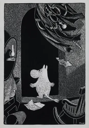 Муми Тролль Обои на телефон черно-белый рисунок человека с птицей на плече