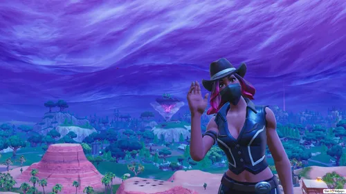 Fortnite Обои на телефон женщина в шляпе и держащая руки вверх перед красочным небом