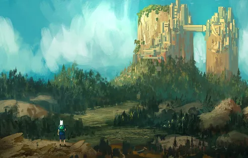 Adventure Time Обои на телефон человек, стоящий на скалистом склоне холма с большим взрывом на заднем плане