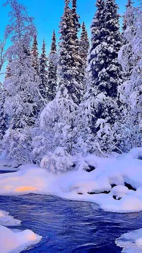 Андроид Зима Обои на телефон река со снегом и деревьями