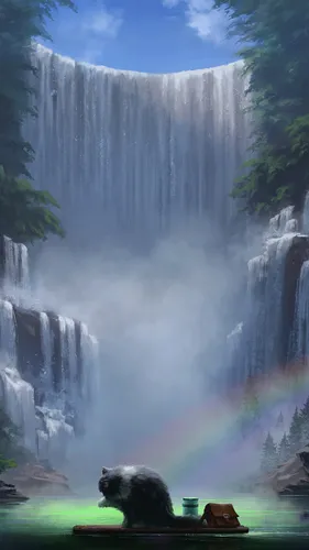 Водопад Горы Обои на телефон медведь сидит на скамейке перед водопадом