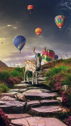 Воздушные Шарики Обои на телефон олень с разноцветными воздушными шарами в небе