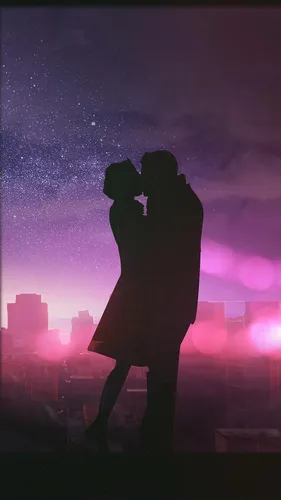 Для Пары Обои на телефон силуэт мужчины и женщины, целующихся перед ночным городом