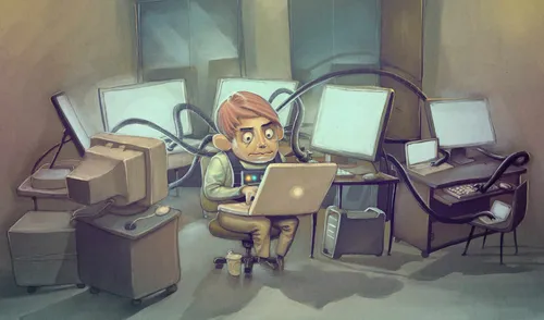 Для Программиста Обои на телефон карикатура человека, сидящего за столом с ноутбуком и другими компьютерами
