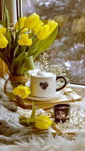 Доброе Утро Обои на телефон чашка чая и цветов на столе