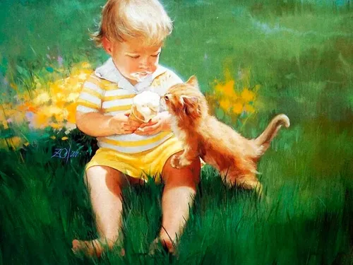 Картины Известных Художников Обои на телефон ребенок держит кошку