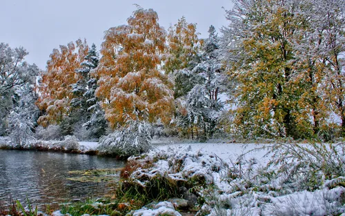 Осень Зима Обои на телефон река со снегом на берегу