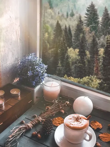 Осень Зима Обои на телефон окно с видом на заснеженный лес и чашка кофе